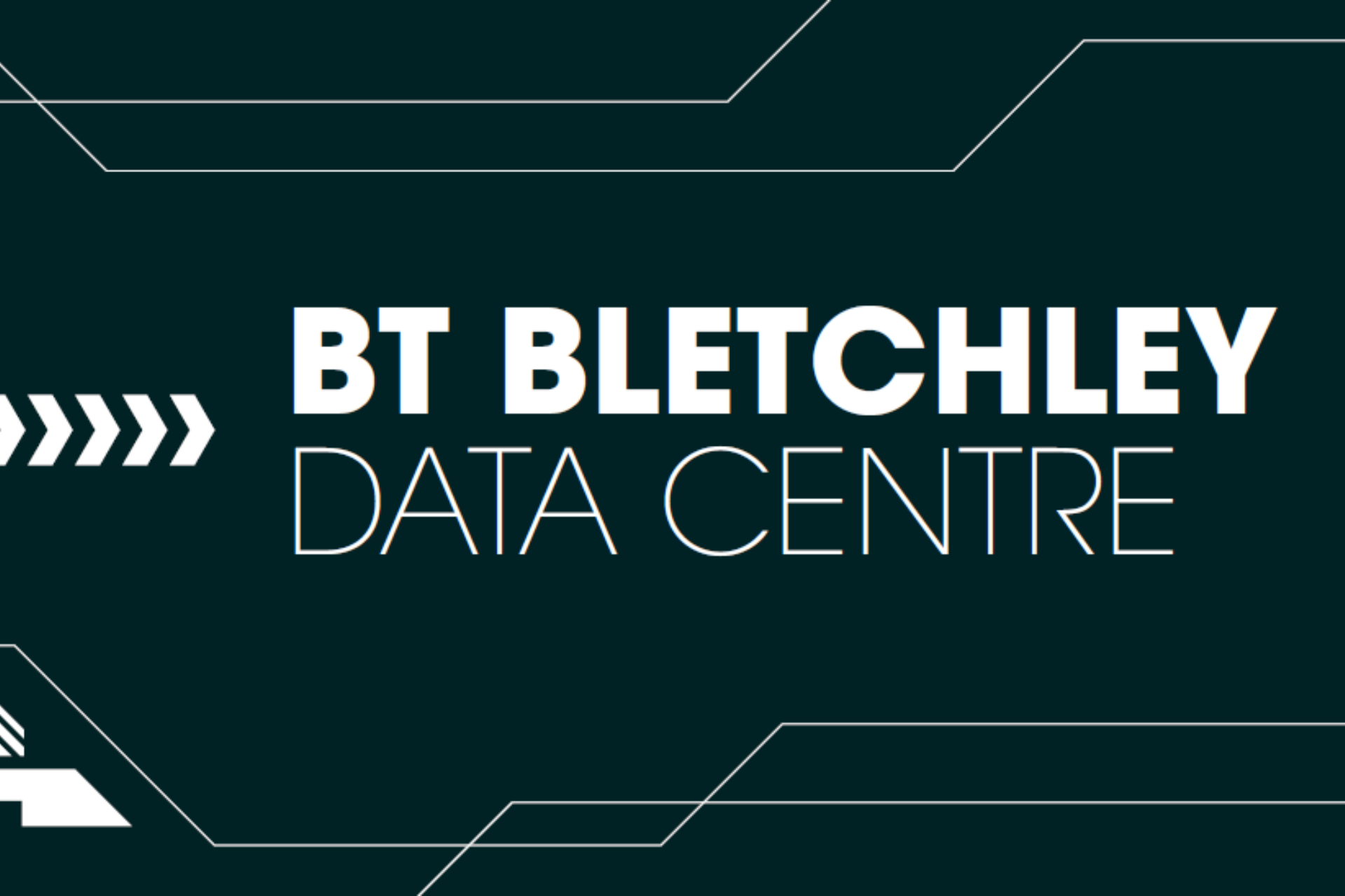 Graphic with text 'BT BLETCHLEY DATA CENTRE' in bold white letters against a dark background with abstract line patterns.